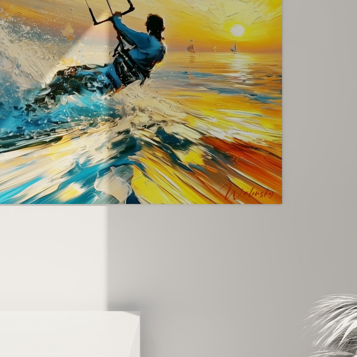 Empâtements de peinture bleu turquoise et safran se mêlant en traits vifs, coulures d'écume et rayons dorés
