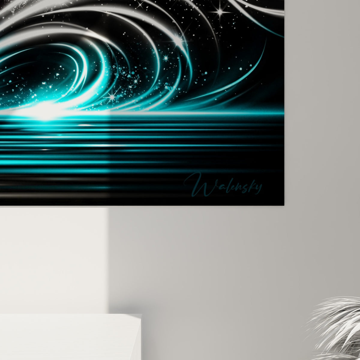 Détail des traits lumineux turquoise et blancs qui ondulent en spirales autour de la silhouette sombre du kitesurfeur