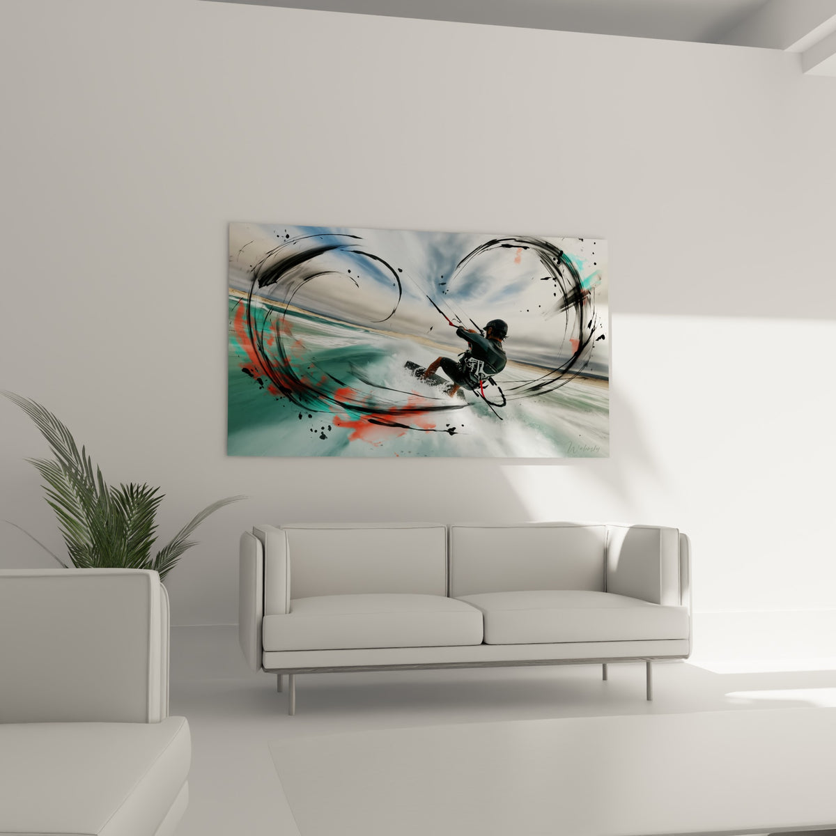 Silhouette du kitesurfeur cerclée d'encre noire et de vagues turquoise, au-dessus d'un canapé dans un salon lumineux