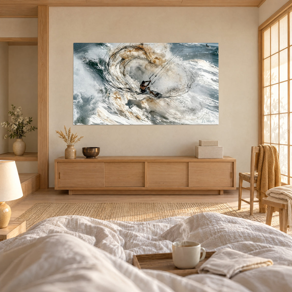 Tableau surfeur tracté par son cerf-volant dans un rouleau d'écume blanche et brun ocre, deux personnes de dos, au-dessus d'un lit dans une chambre claire