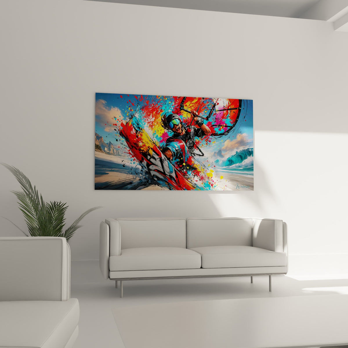 Planche de kite surf rouge et blanche fendant l'écume turquoise au-dessus d'un canapé dans un salon lumineux