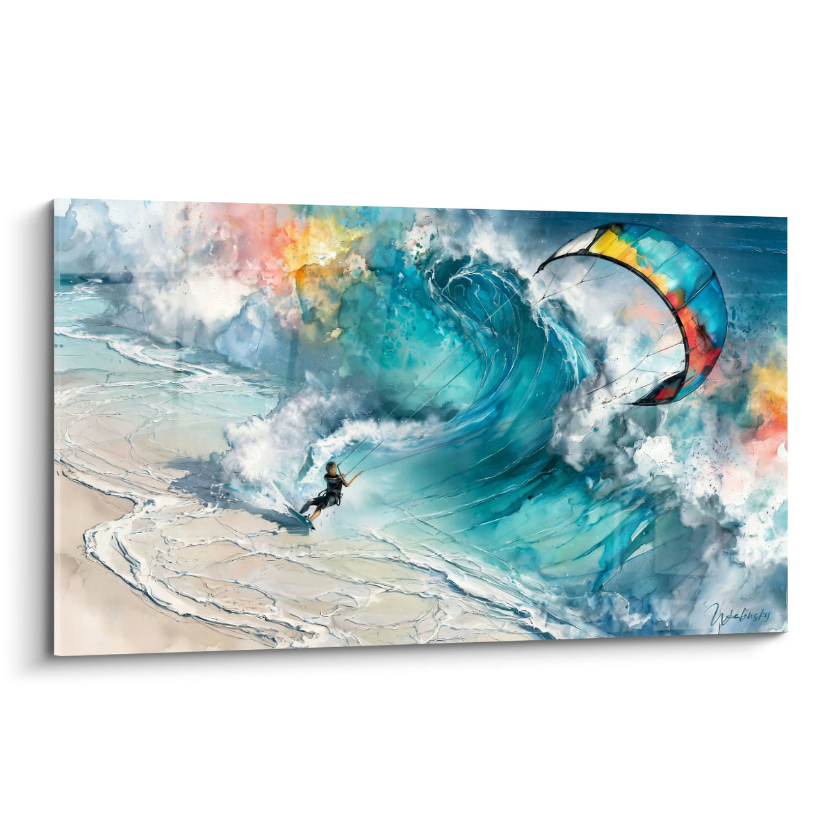 Kitesurfeur glissant sur une vague turquoise et corail, voile multicolore, style aquarelle éclatante.