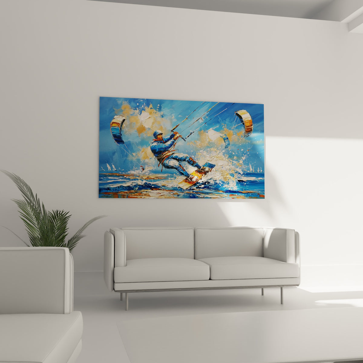 Kitesurfeur ocre et bleu tirant sur la barre, accroché au-dessus d'un canapé dans un salon lumineux