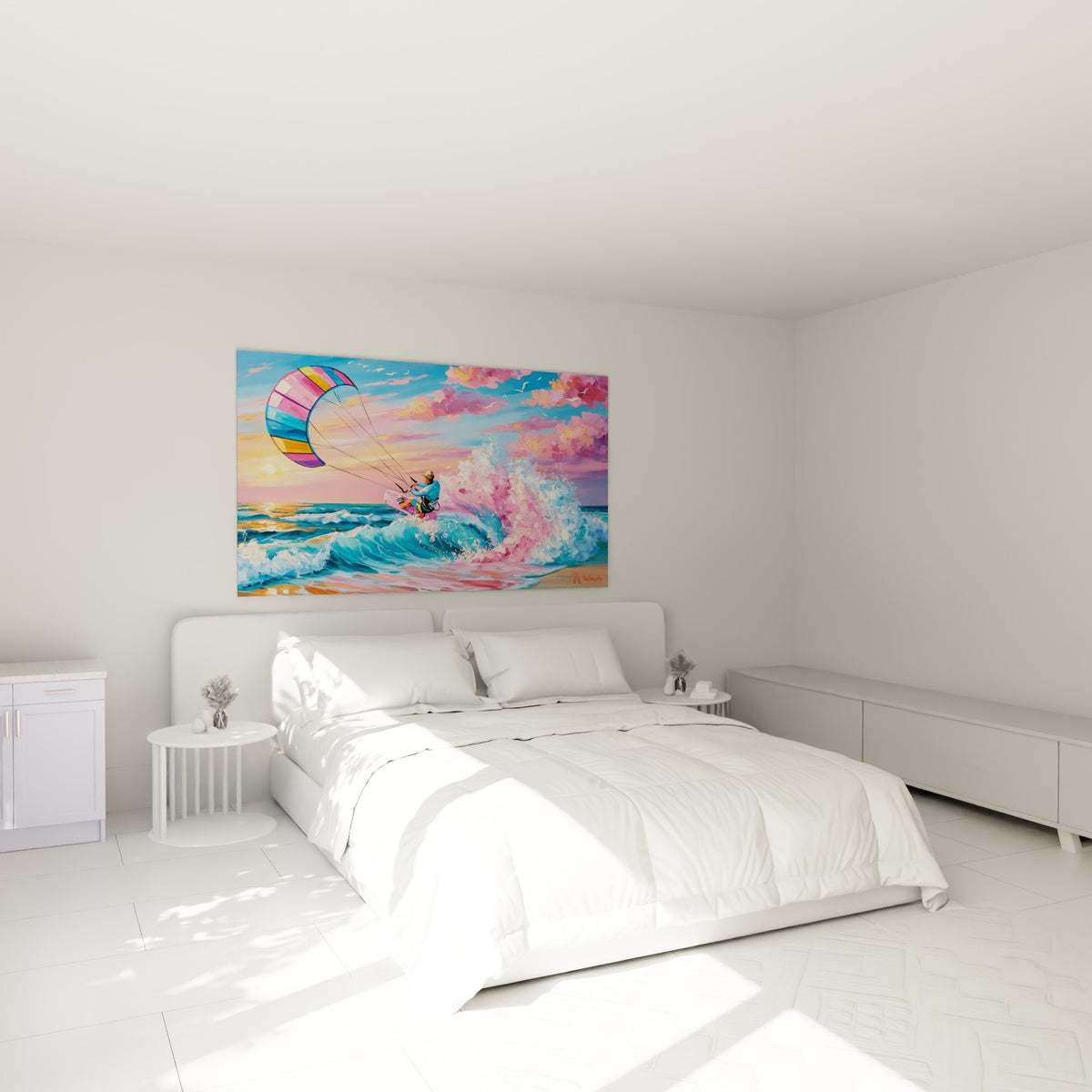Voile colorée de kite surf survolant une vague rose écumante, au-dessus d'un lit dans une chambre claire