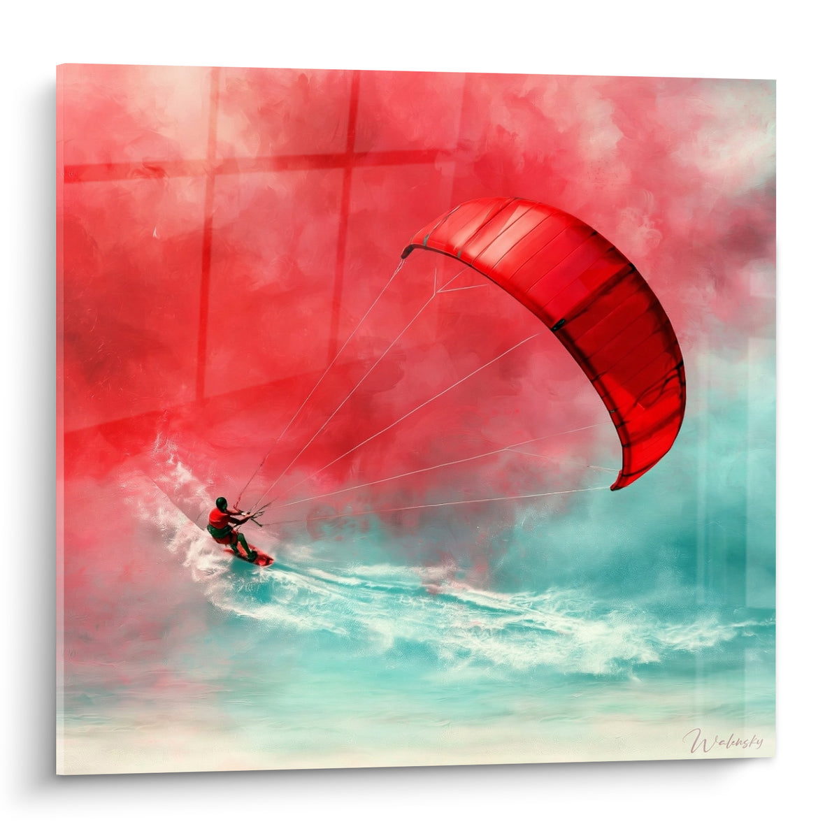 Kitesurfeur en action sous voile rouge intense, écume turquoise, tableau kite surf aquarelle vibrant