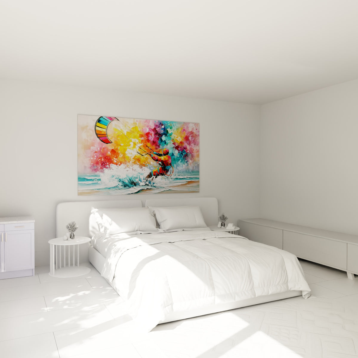 Voile multicolore et éclaboussures turquoise accrochées au-dessus d'un lit dans une chambre claire