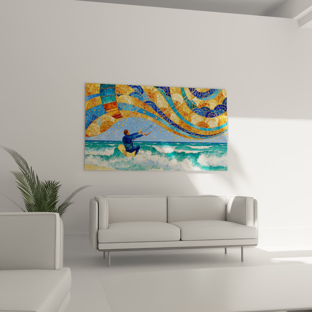Silhouette bleu marine glissant sur les vagues turquoise et l'écume blanche, au-dessus d'un canapé dans un salon lumineux