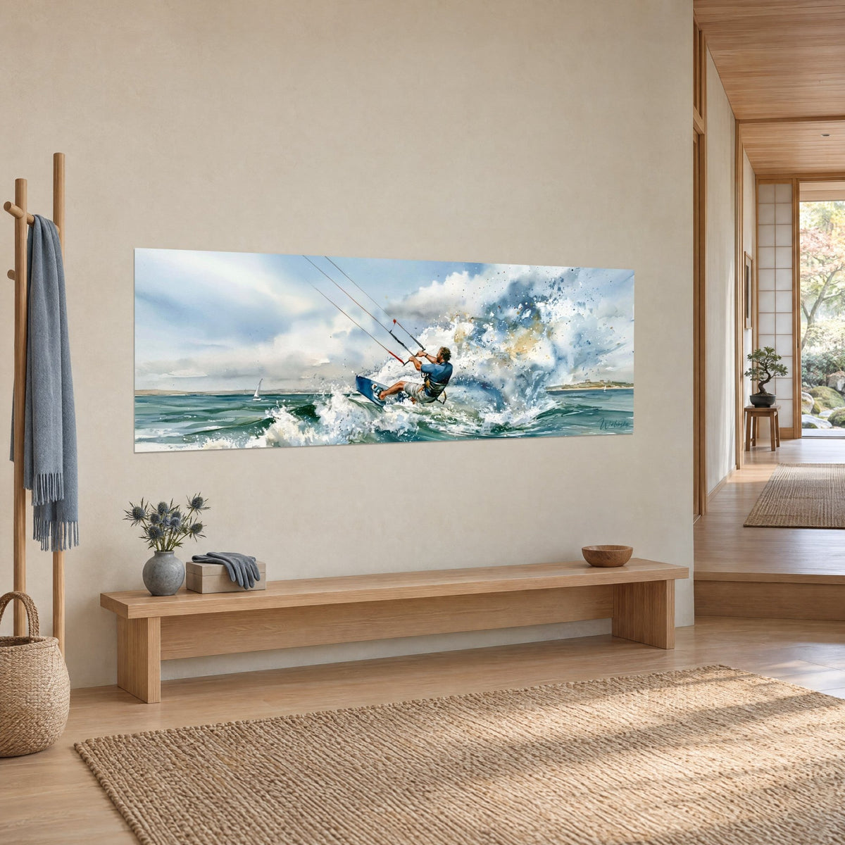 Tableau sportif de glisse penché sur sa planche, lignes de cerf-volant tendues, ciel gris perle et vagues vert d'eau, vue de trois-quarts