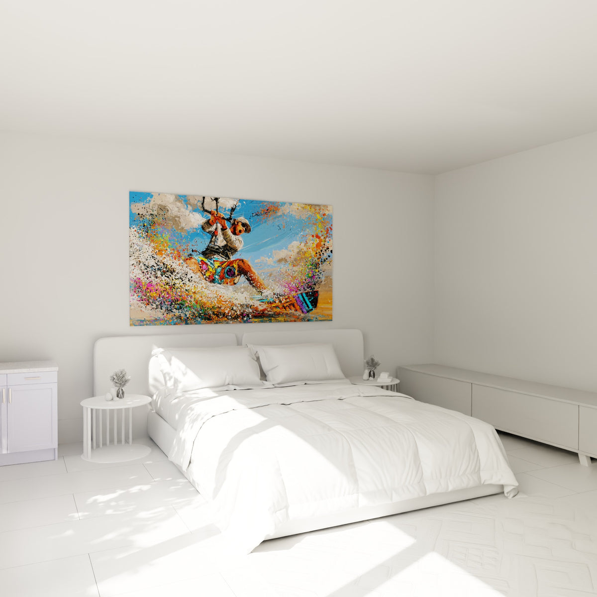 Sportif en pleine glisse, éclaboussures blanches et roses, accroché au-dessus d'un lit dans une chambre claire