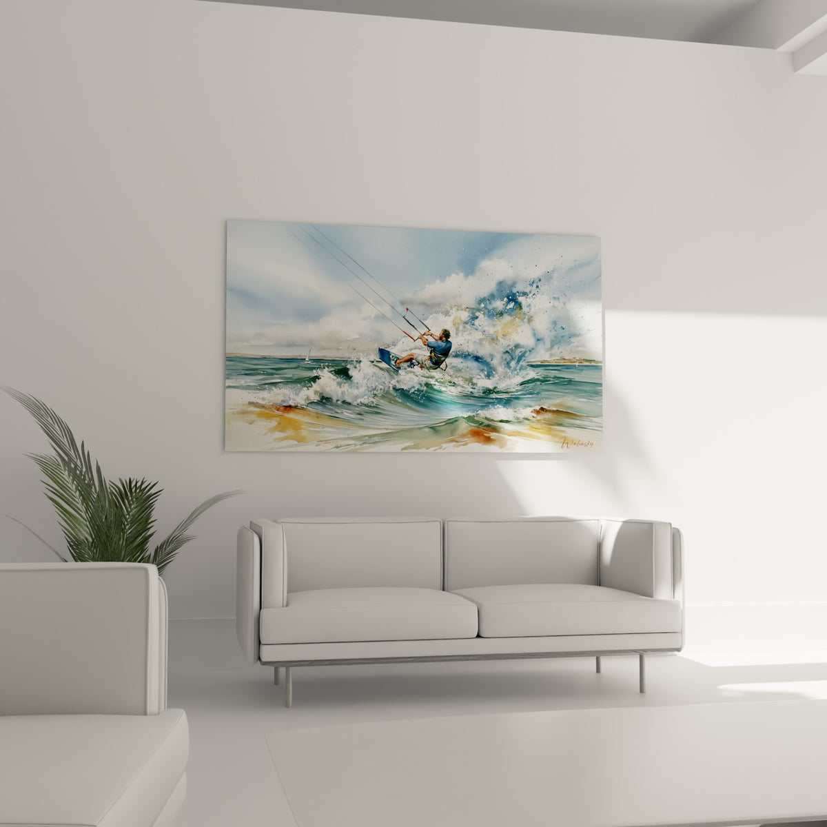 Planche bleu marine et vagues turquoise éclaboussant d'écume blanche, au-dessus d'un canapé dans un salon lumineux