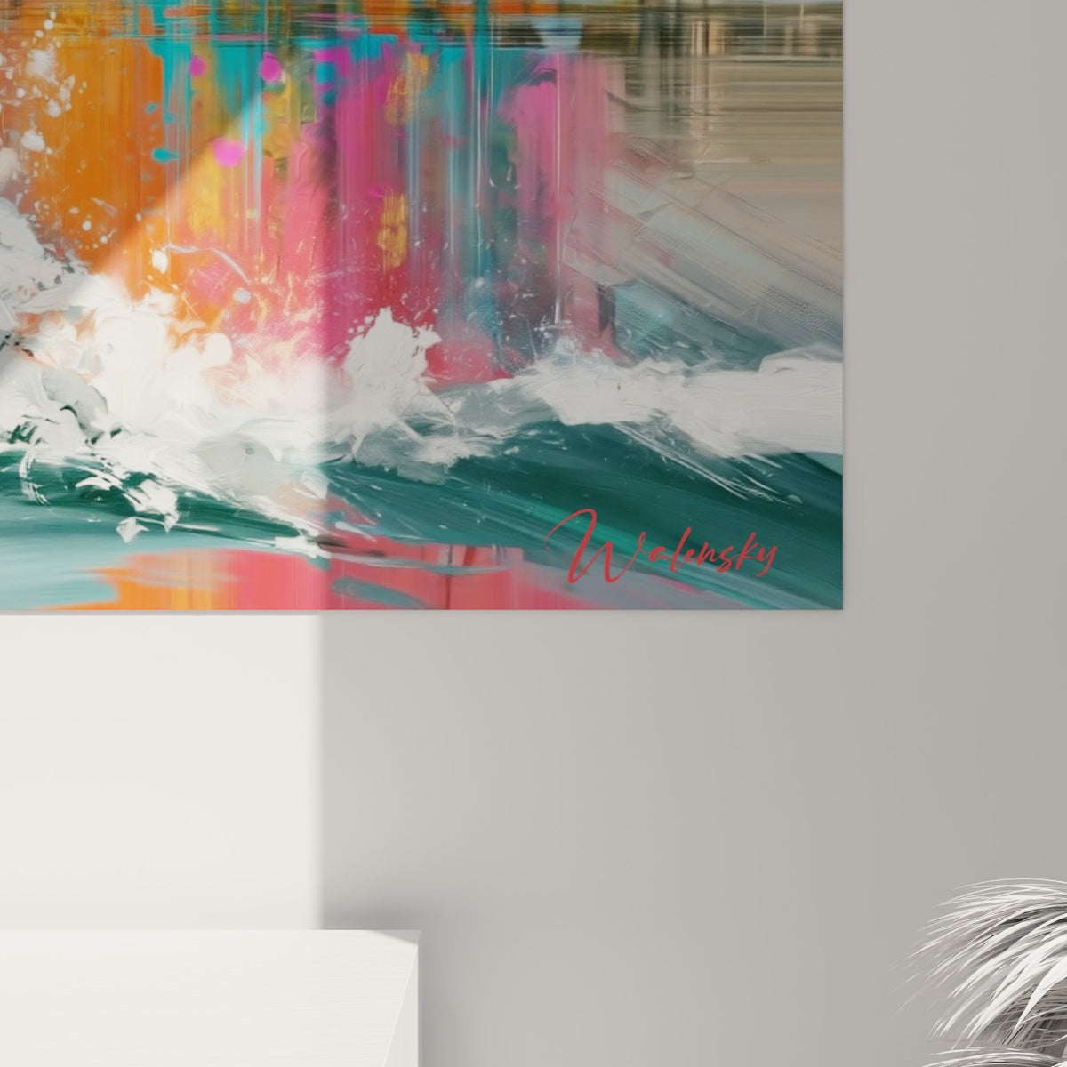 Matière picturale du kitesurf en gros plan, empâtements roses et turquoise, coulures et grain visibles