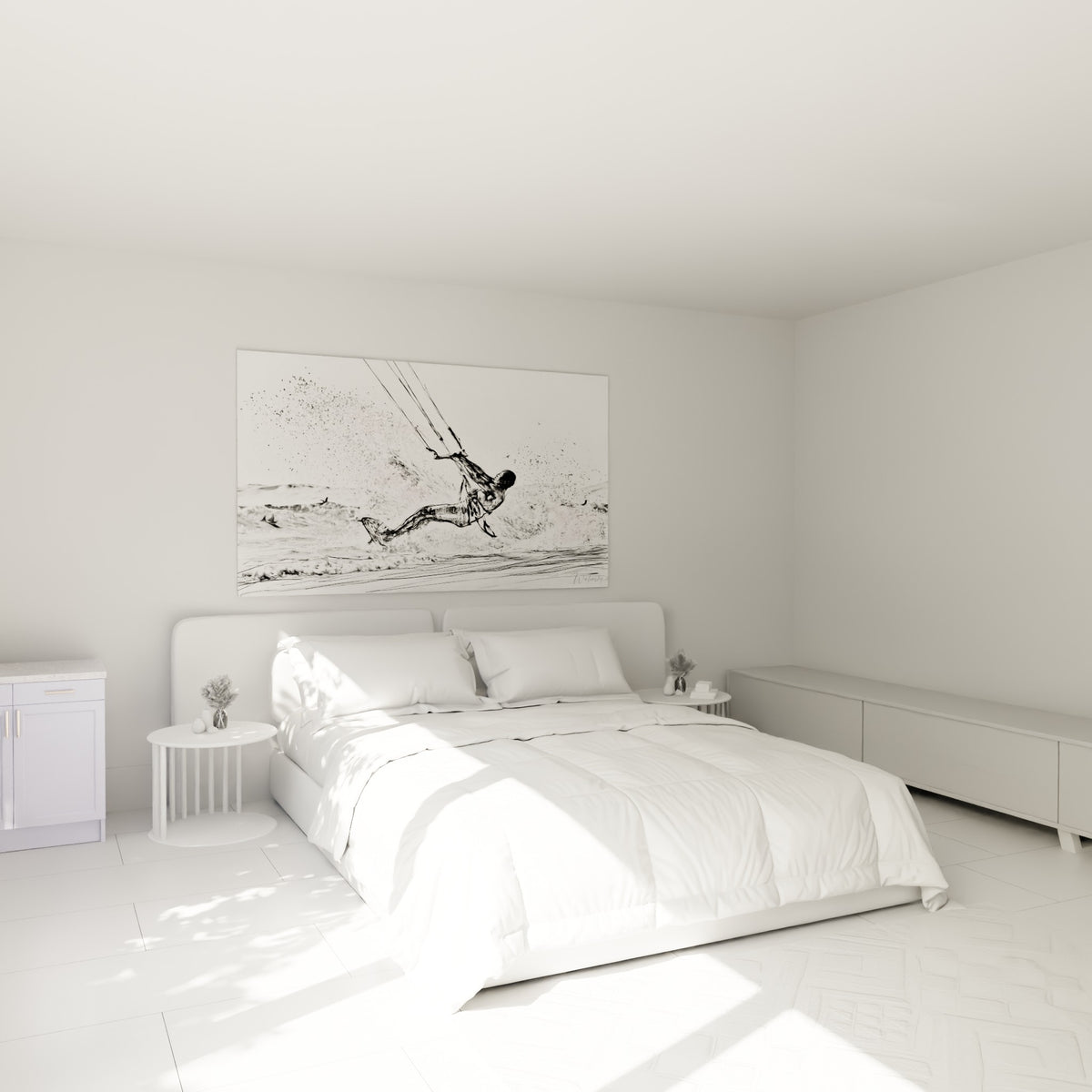 Sportif esquissé en gris charbon jaillissant des vagues, au-dessus d'un lit dans une chambre claire