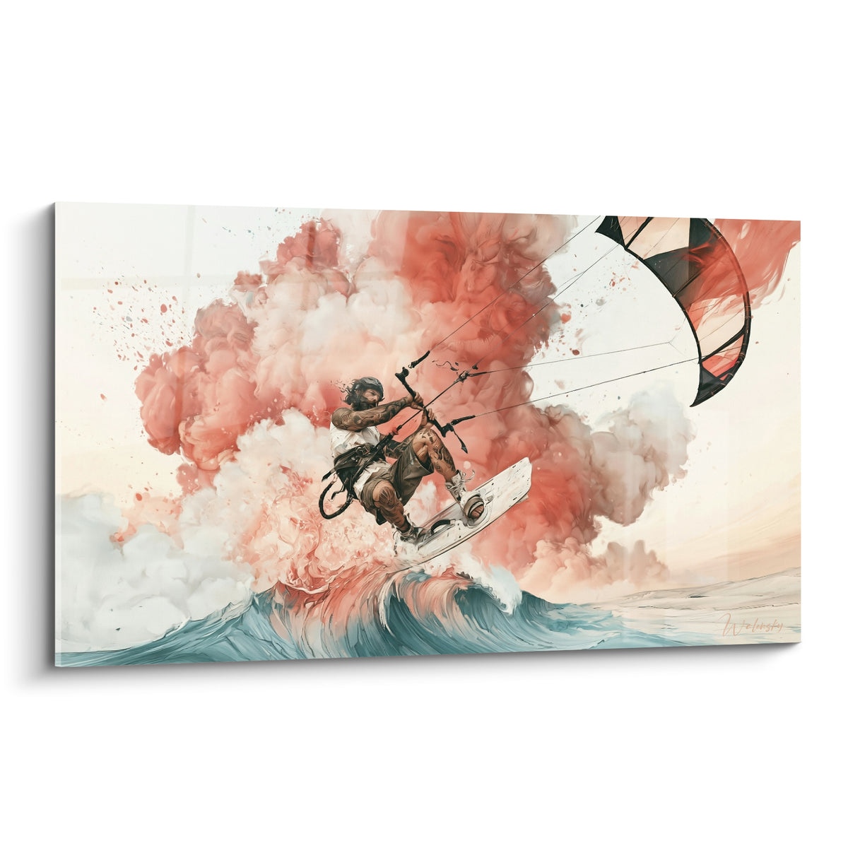 Kitesurfeur en saut, fumée corail dense et vague turquoise, aile noire tendue au-dessus des flots