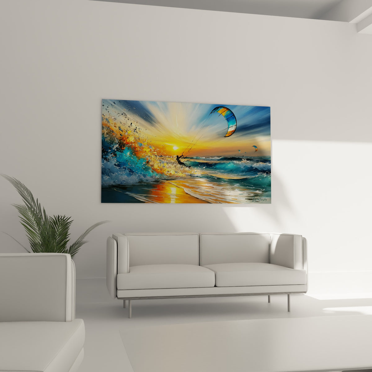 Voile bicolore bleu et orangé au-dessus des vagues, au-dessus d'un canapé dans un salon lumineux