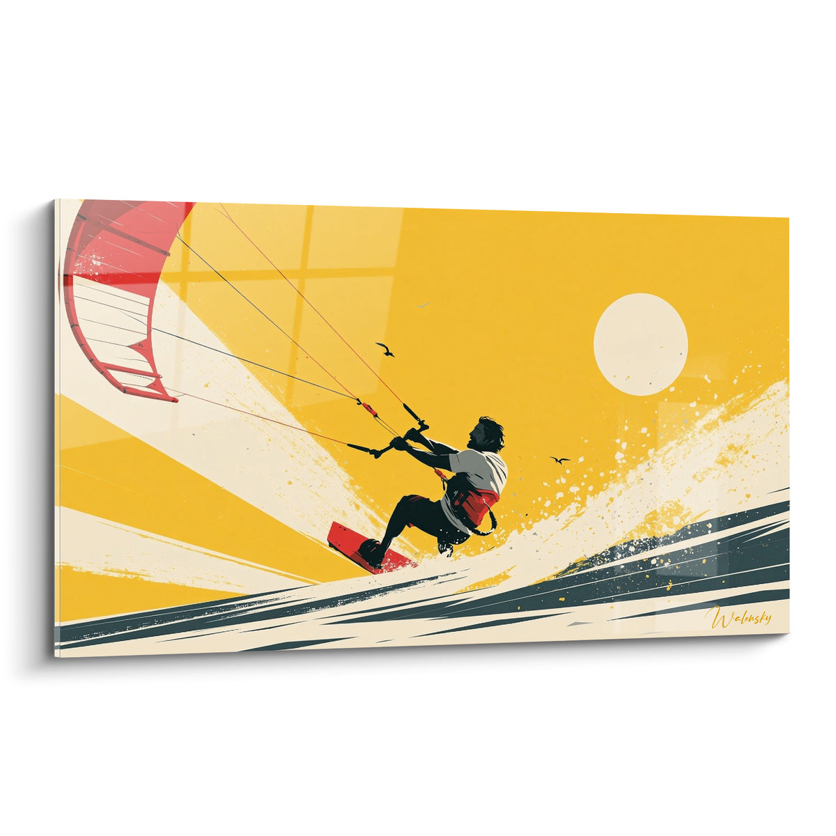 Kitesurfeur en pleine action sur fond ocre, aile rouge tendue et vague anthracite écumante