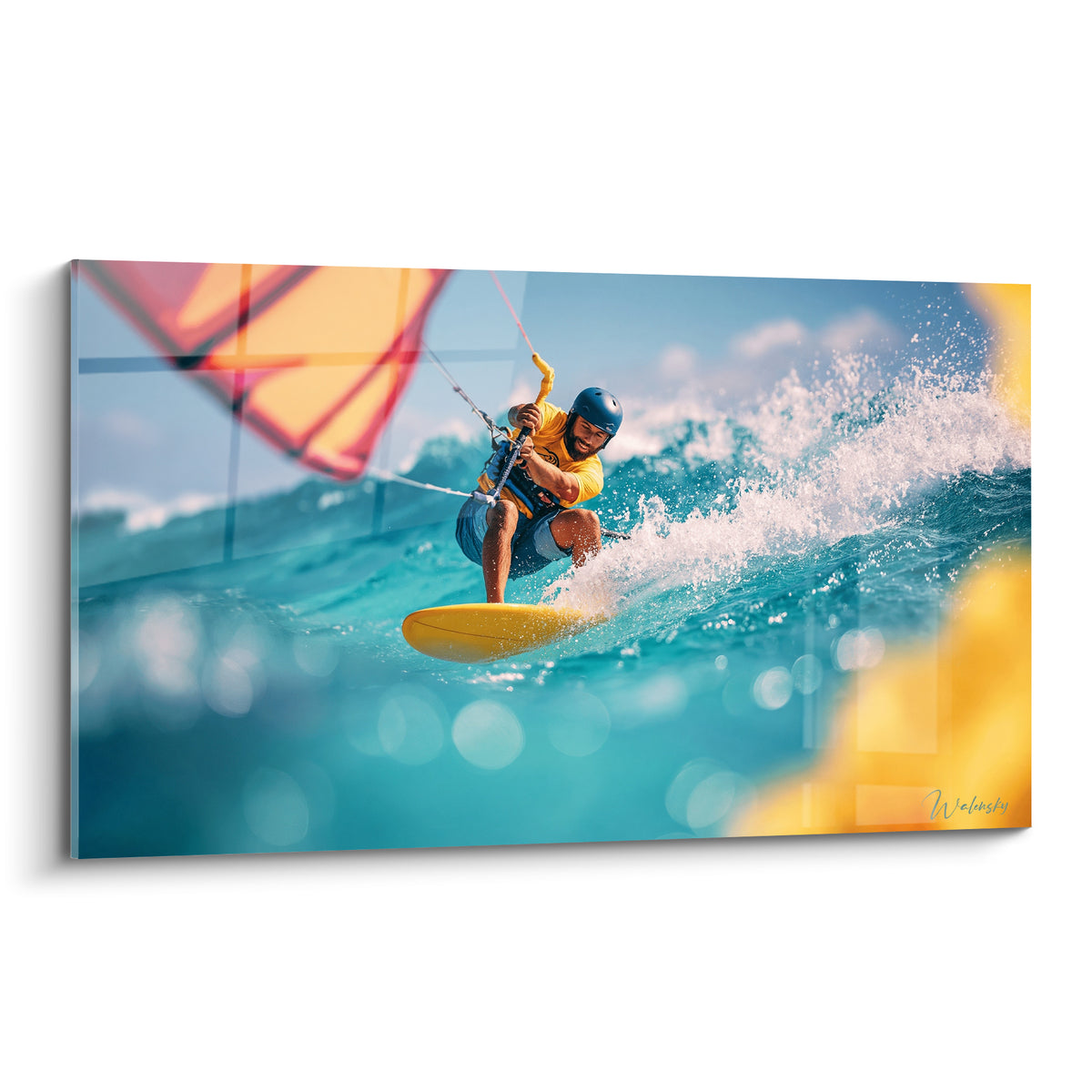 Kitesurfeur bondissant sur planche jaune, vague turquoise éclaboussée, voile corail en arrière-plan