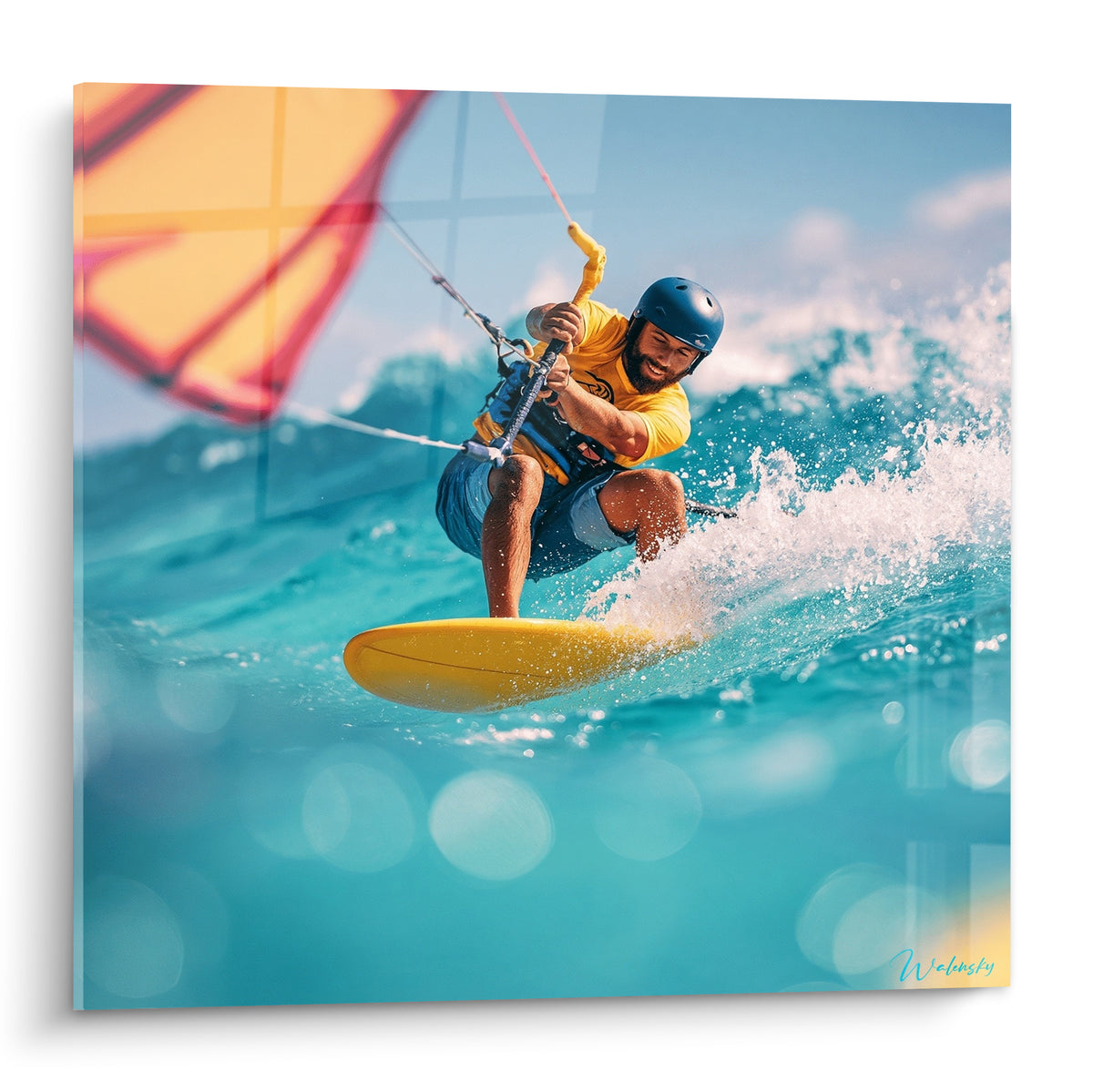 Kitesurfeur casqué bleu marine bondit sur planche jaune, écume blanche et voile orange éclatante
