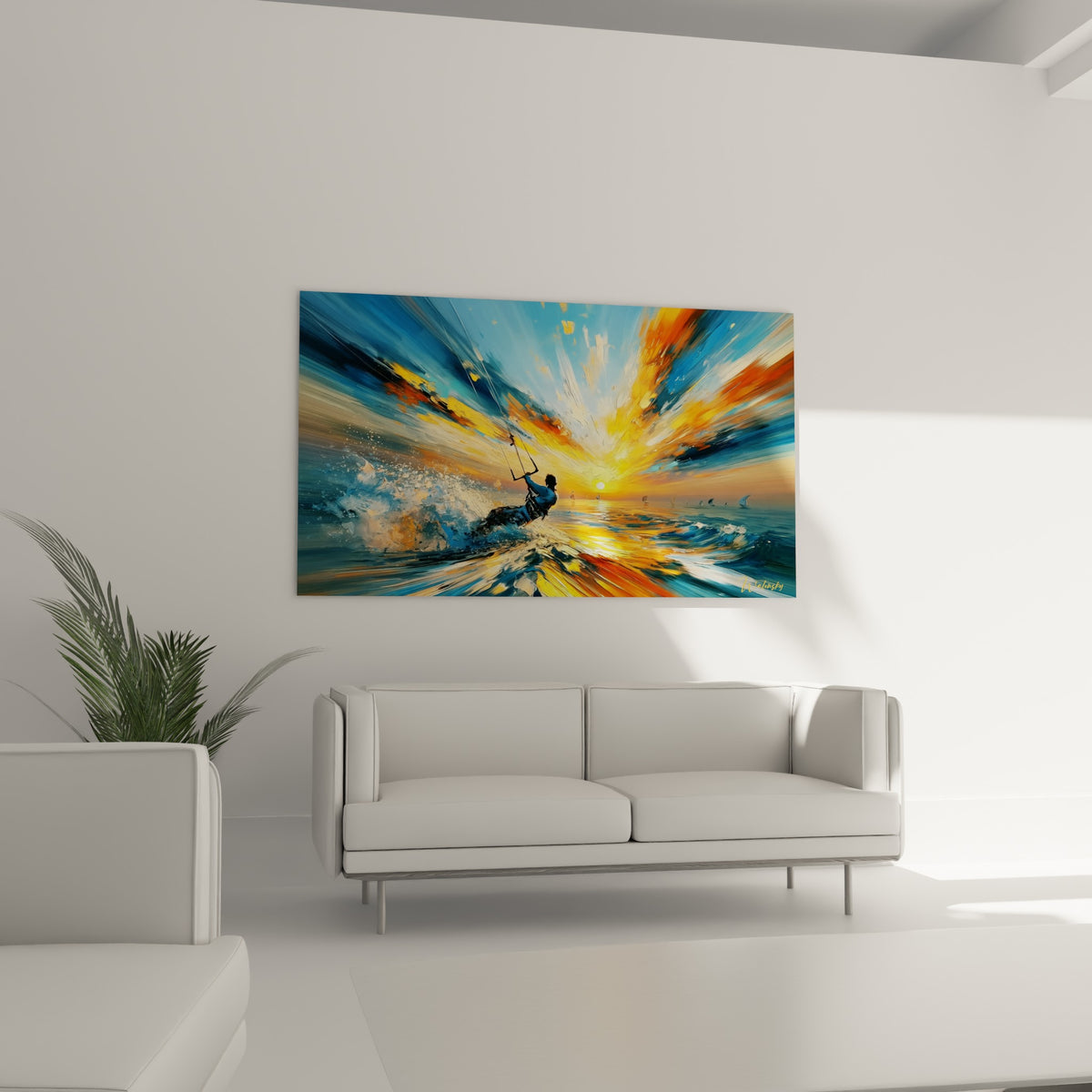 Rider en action, couleurs bleu marine et jaune solaire éclaboussées, au-dessus d'un canapé dans un salon lumineux