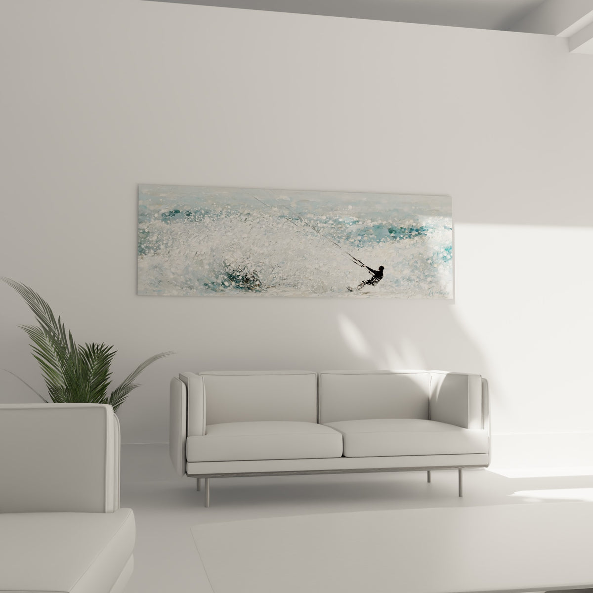 Rider noir agrippé à sa barre parmi les éclats bleu pastel de la mer, au-dessus d'un canapé dans un salon lumineux