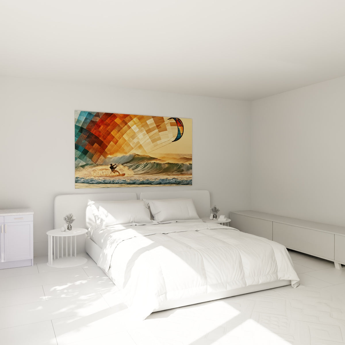 Rider tiré par une voile dorée et turquoise fendant l'écume, au-dessus d'un lit dans une chambre claire