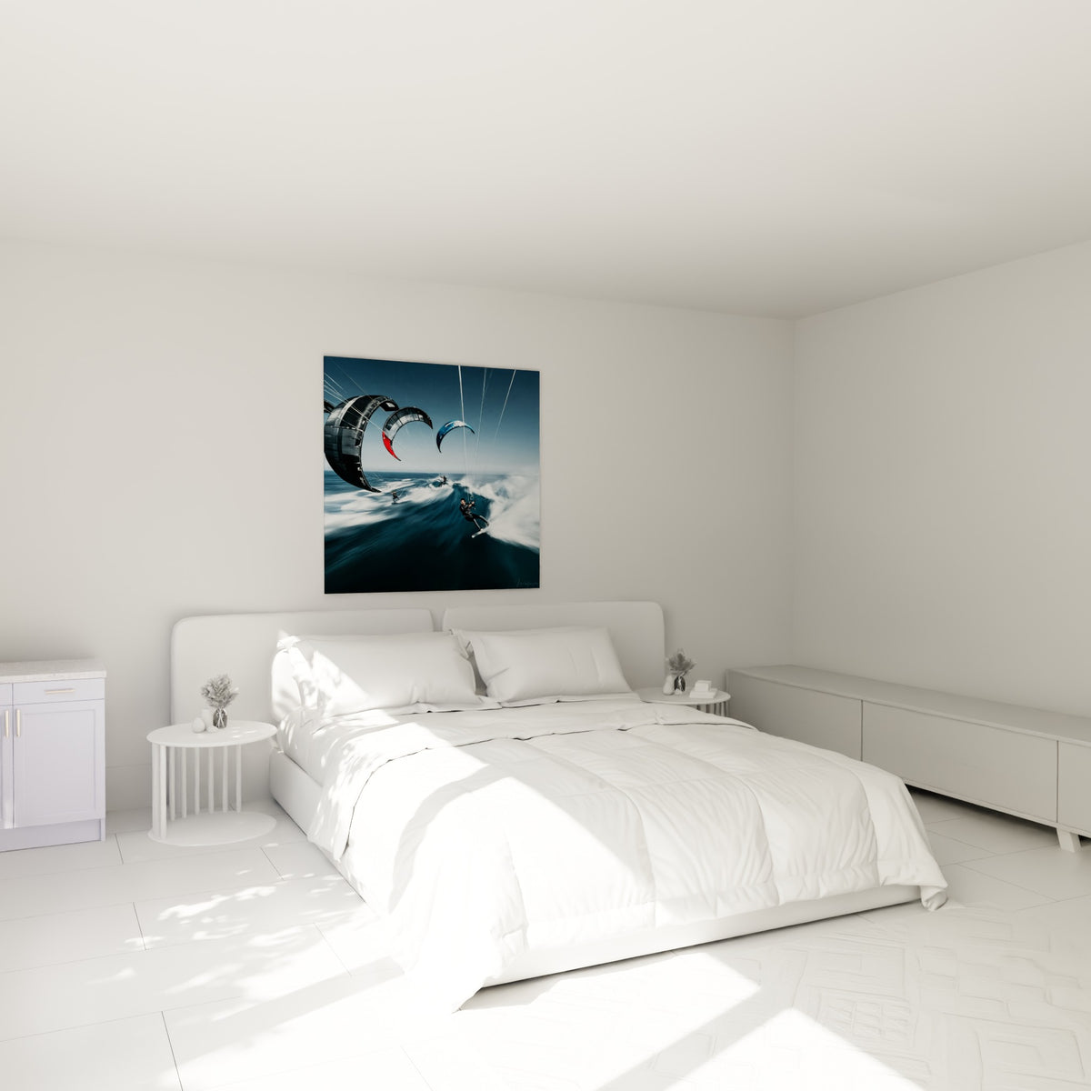 Kitesurfeurs glissant sur une vague bleu marine et blanche, accrochés au-dessus d'un lit dans une chambre claire