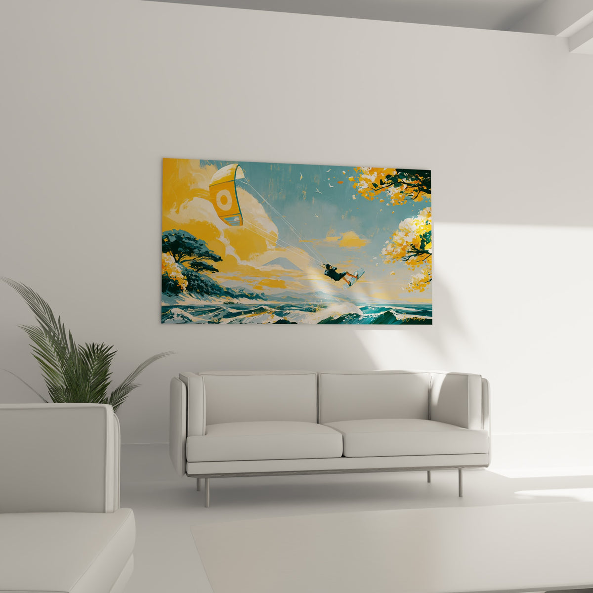 Silhouette en plein saut de kitesurf, ciel dégradé ocre et bleu pétrole, au-dessus d'un canapé dans un salon lumineux.