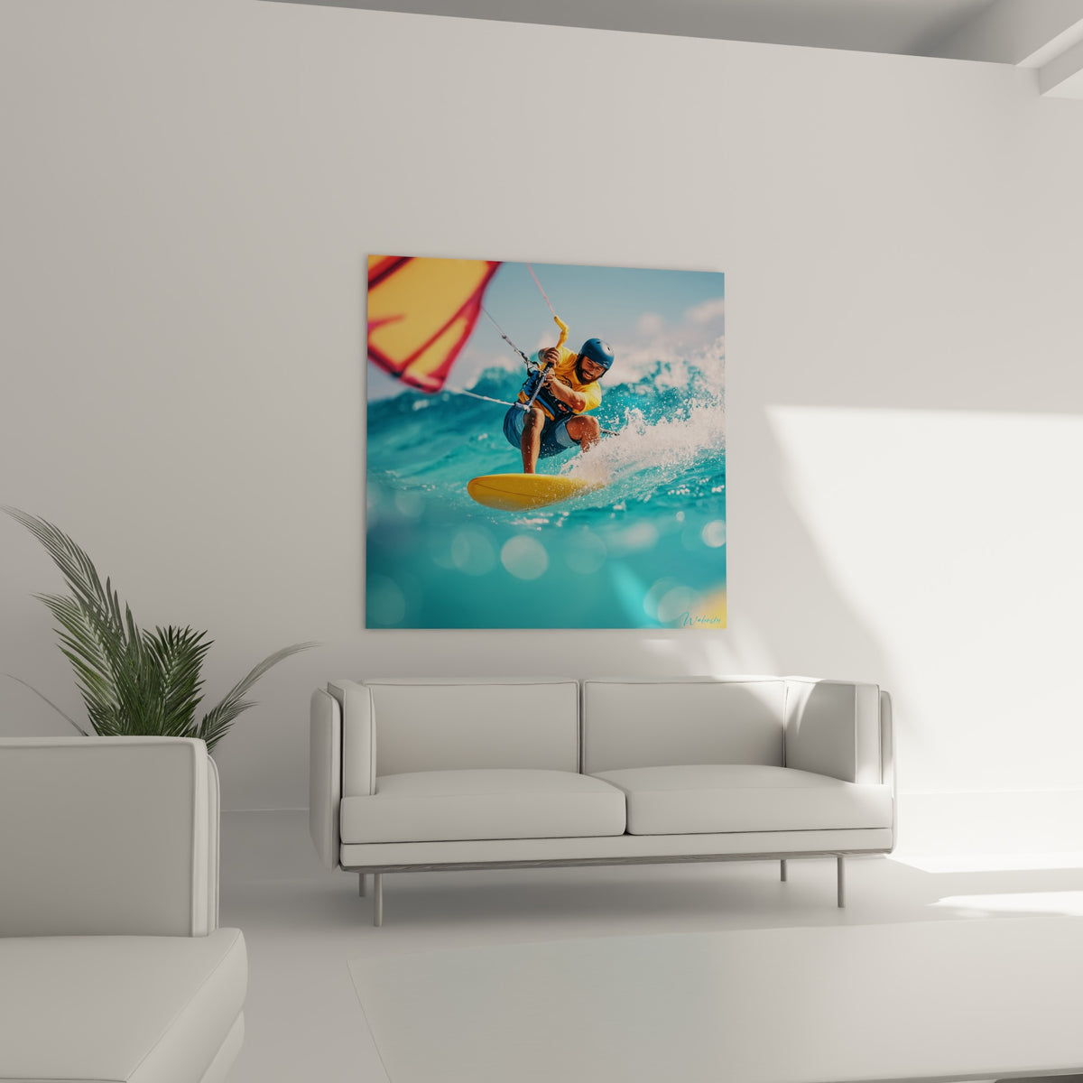Silhouette de kitesurfeur bondissant sur vague turquoise, planche jaune, au-dessus d'un canapé dans un salon lumineux