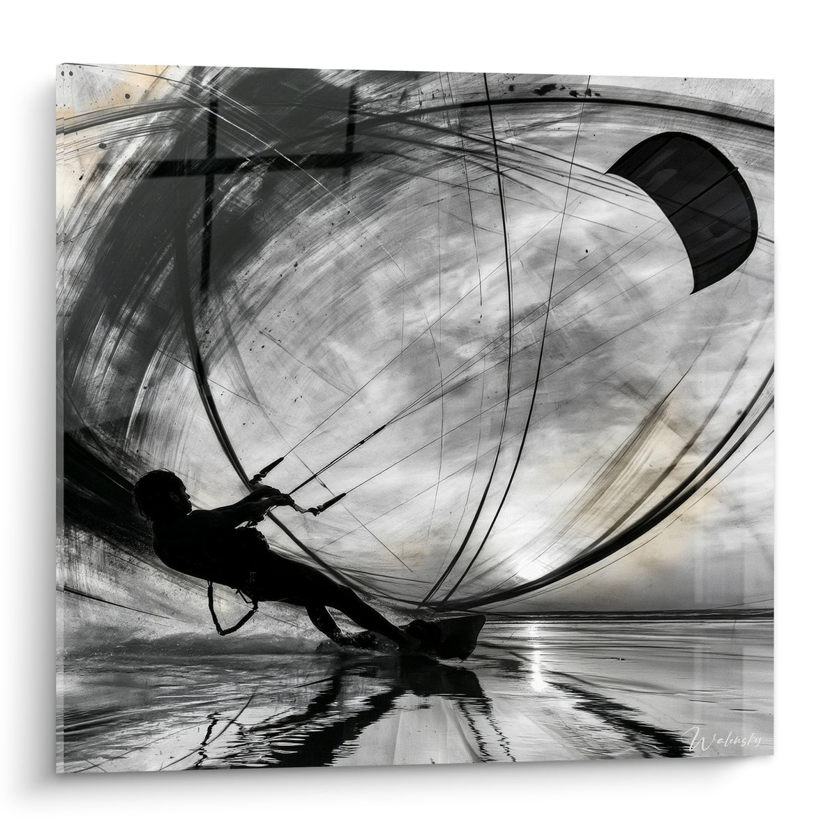 Kitesurfeur en silhouette noire tiré par son aile grise, traits graphiques tourbillonnants