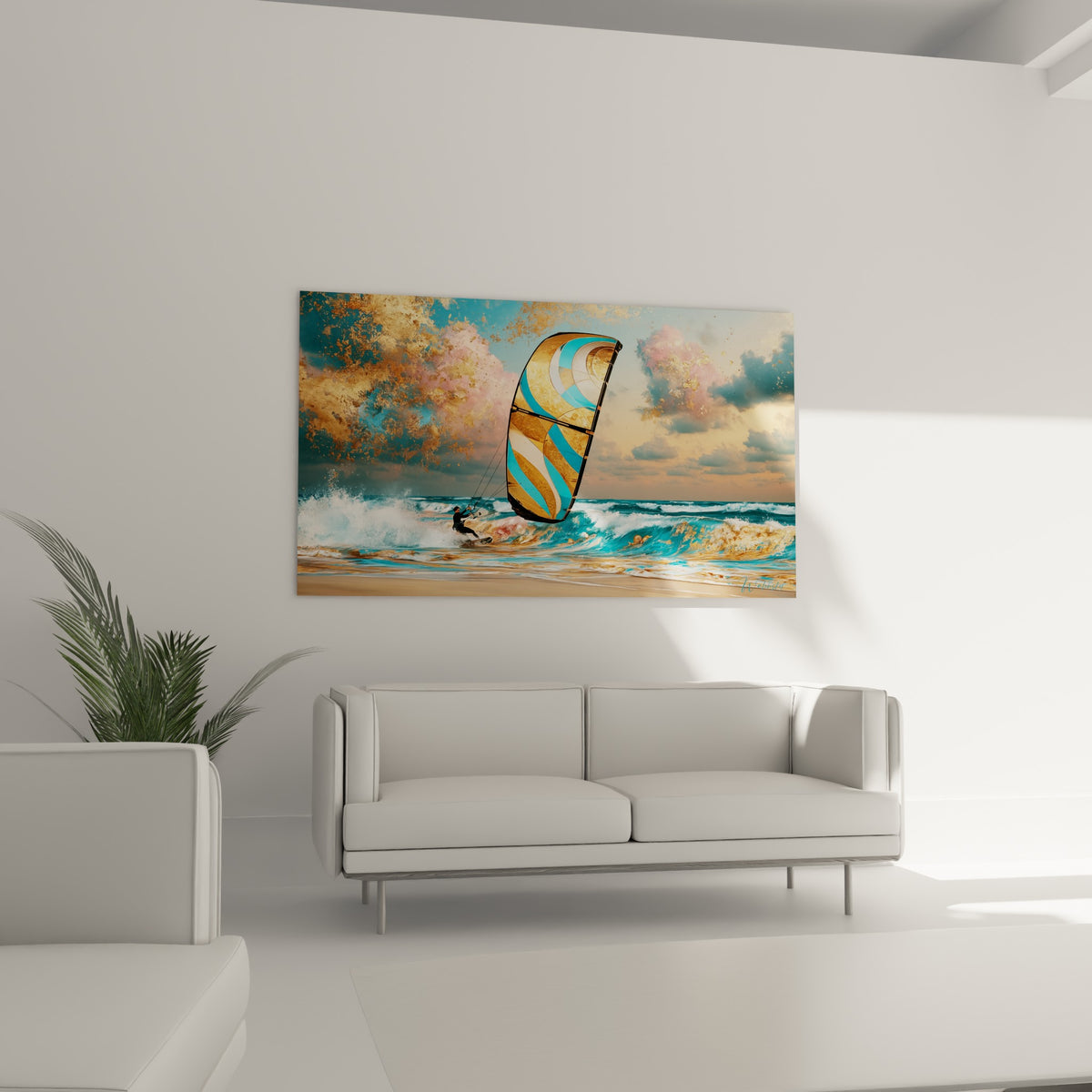 Silhouette du kitesurfeur glissant sur l'écume dorée, au-dessus d'un canapé dans un salon lumineux