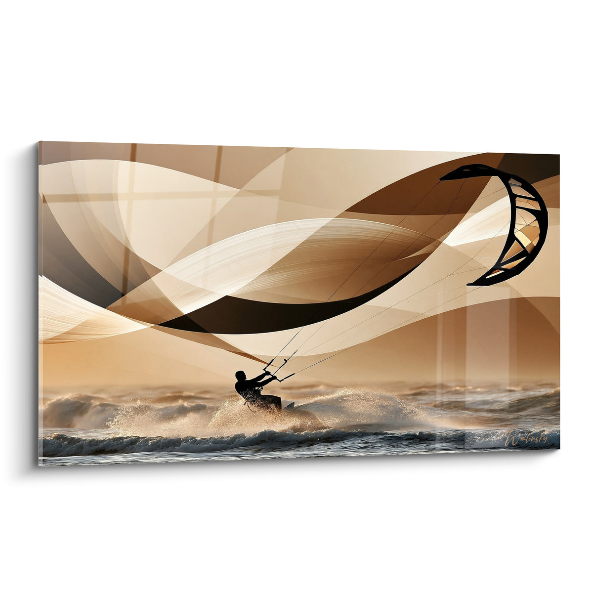 Kitesurfeur en silhouette noire glissant sur mer grise sous vagues abstraites dorées et beige