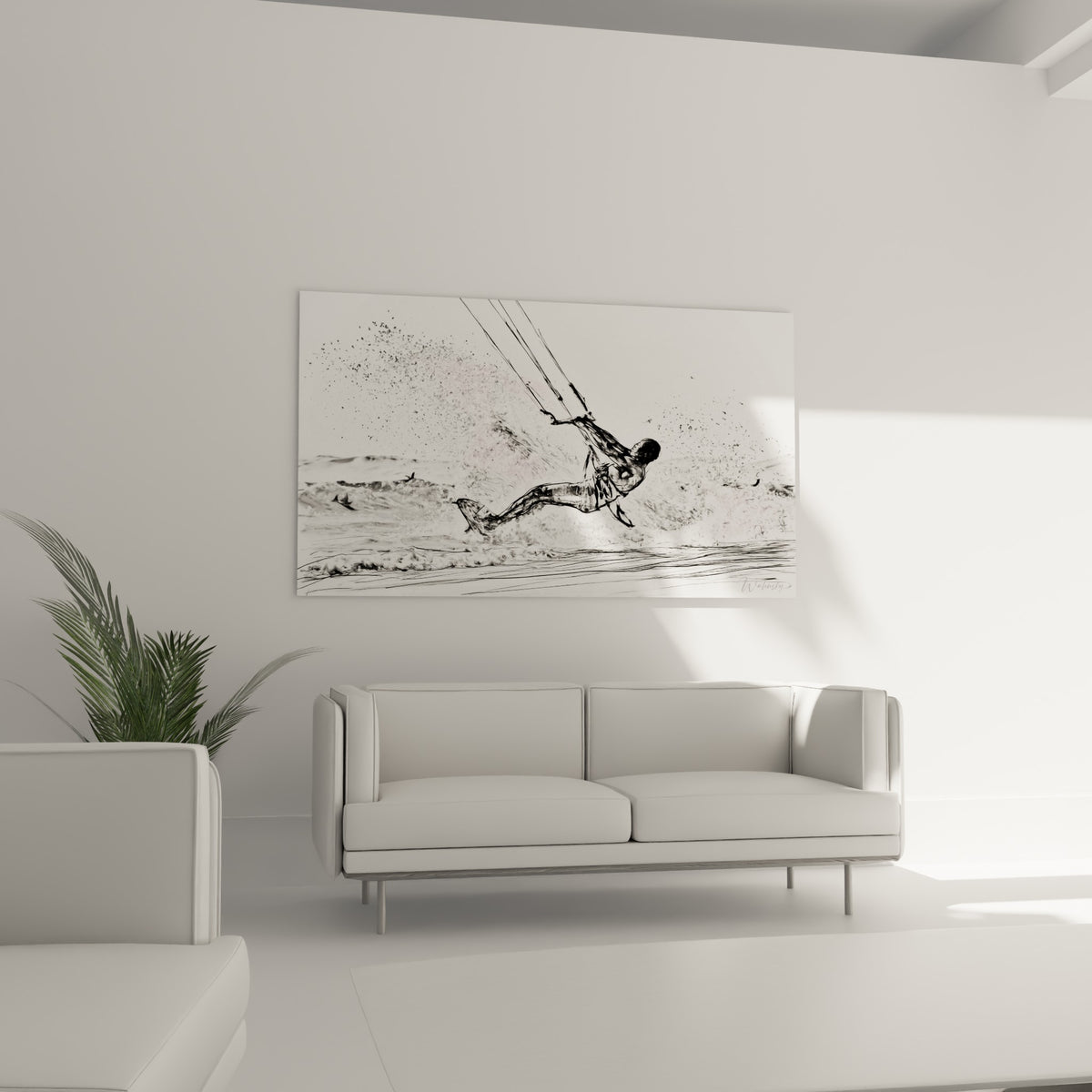 Silhouette suspendue dans une gerbe d'écume blanche et grise, au-dessus d'un canapé dans un salon lumineux