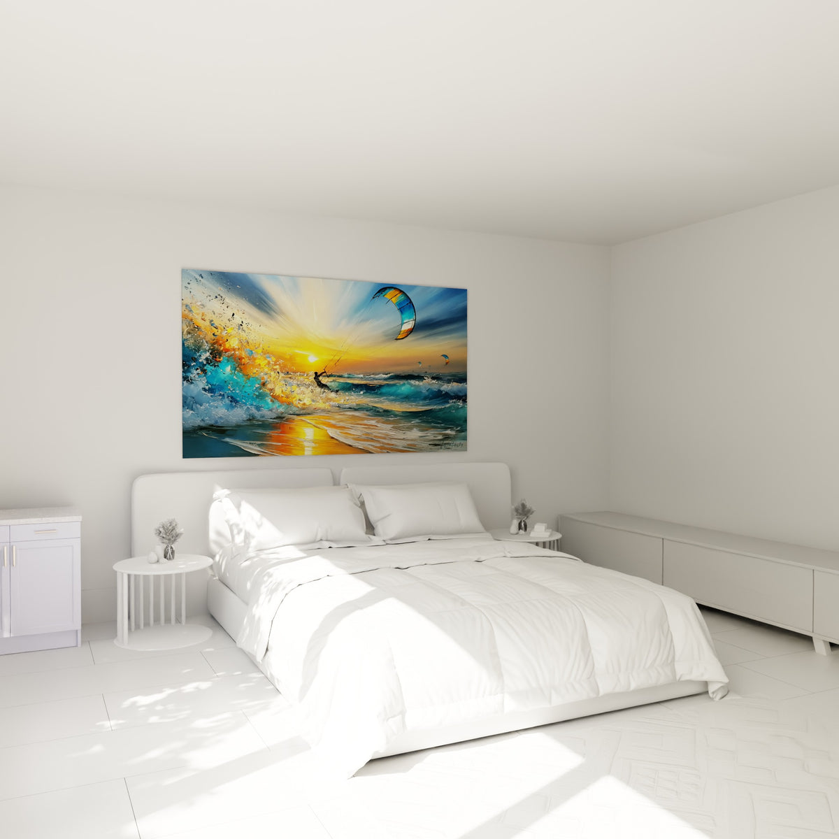Rider face au soleil couchant orangé et vague turquoise, au-dessus d'un lit dans une chambre claire