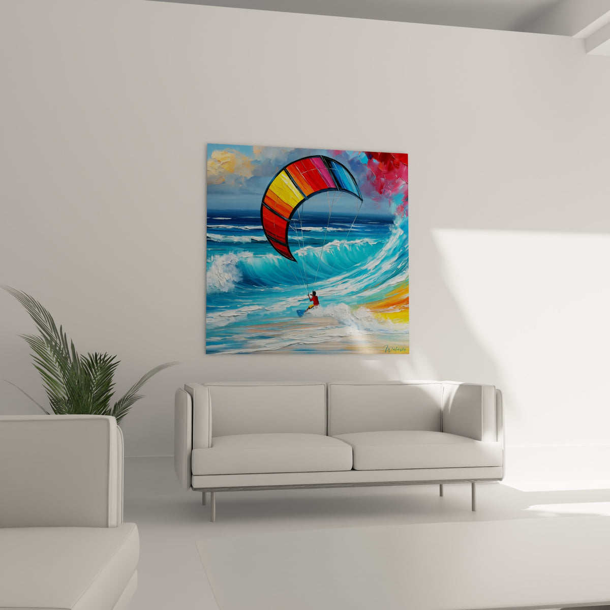 Sportif glissant sur une vague bleu turquoise sous une voile rouge, au-dessus d'un canapé dans un salon lumineux