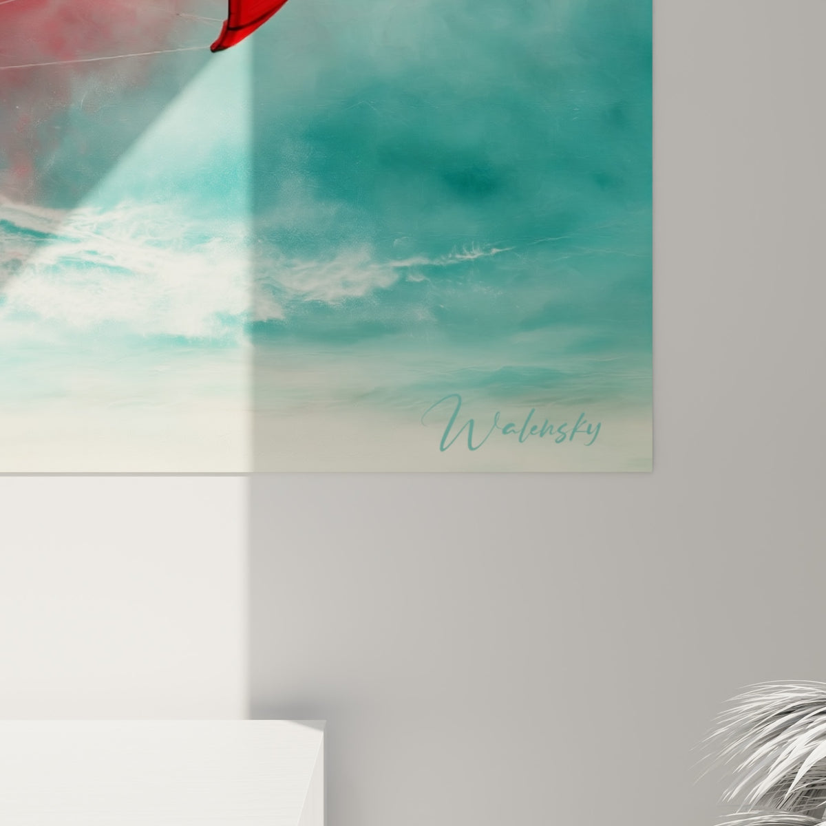 Empâtements rouges et coulures turquoise de la toile, détail de la matière peinte du kitesurf