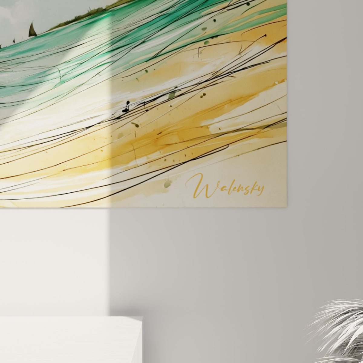 Détail des coulures d'encre et d'aquarelle ocre et vert sauge composant la vague de ce tableau kitesurf