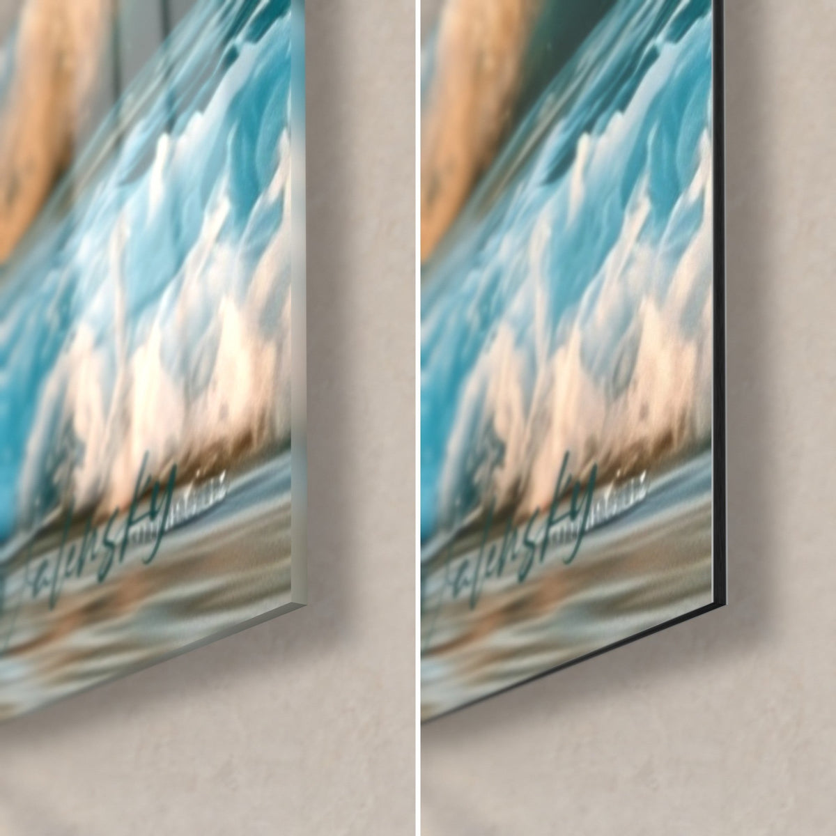 Quadro sportivo di surf, schiuma bianca e cresta d'onda turchese, angolo in basso a destra, vetro acrilico lucido a sinistra, Dibond opaco a destra, bordo di 3 mm