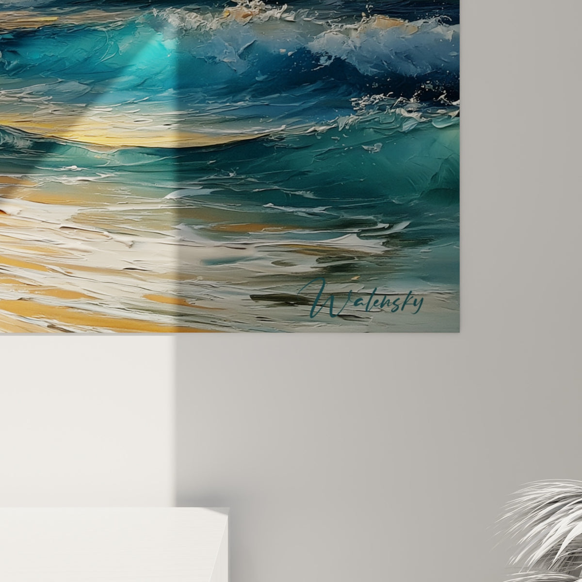 Empâtements turquoise et dorés de la vague éclaboussante visibles en matière épaisse sur la toile