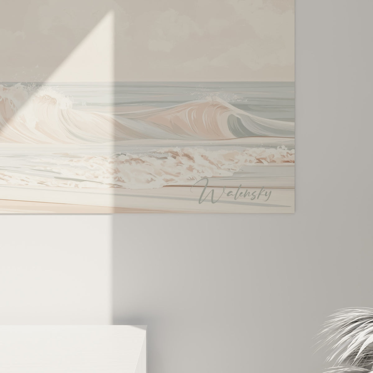 Trait fin et texture aquarelle des vagues écumantes en blanc et bleu turquoise sur fond rosé pastel