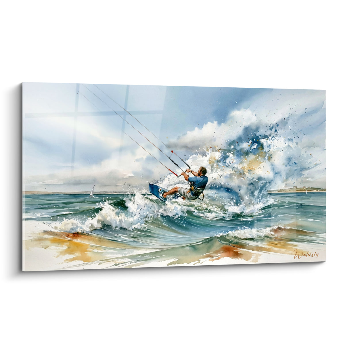 Kitesurfeur en aquarelle bleu marine et turquoise fendant une vague d'écume blanche éclatante