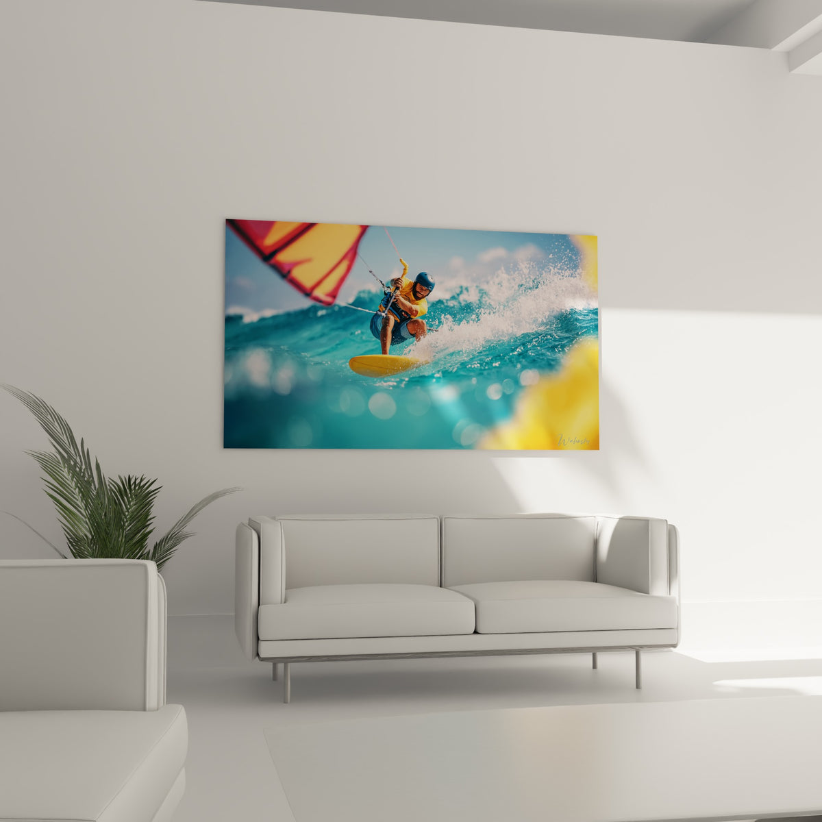 Voile corail et vague turquoise entourant le kitesurfeur, disposées au-dessus d'un canapé dans un salon lumineux