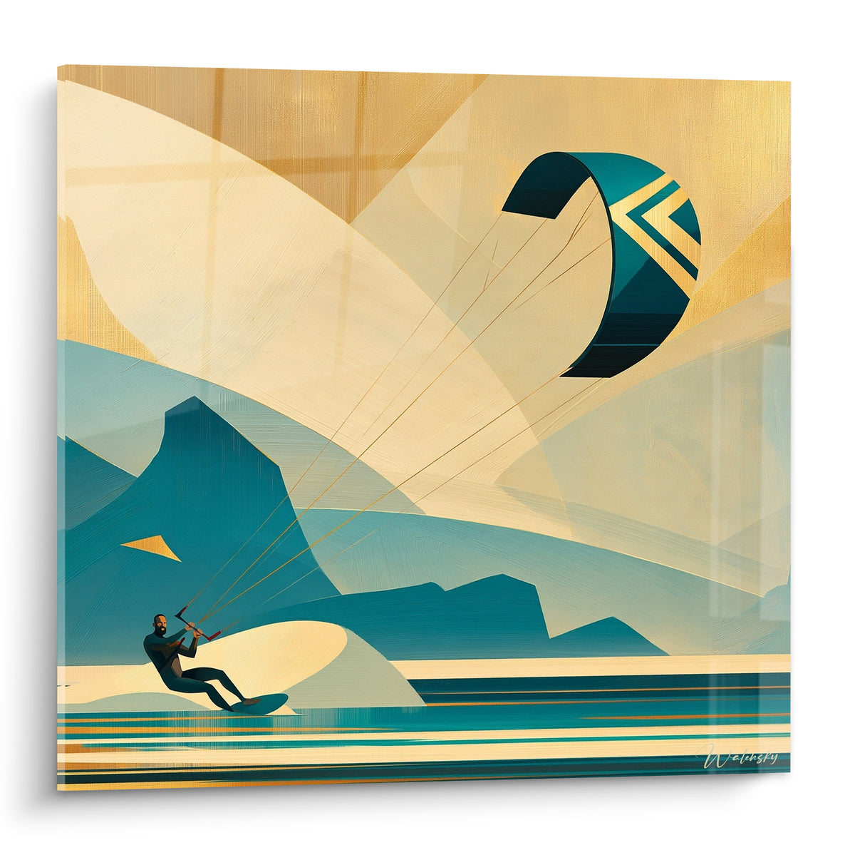 Kitesurfeur en équilibre sur planche bleu pétrole, voile dorée déployée face aux montagnes