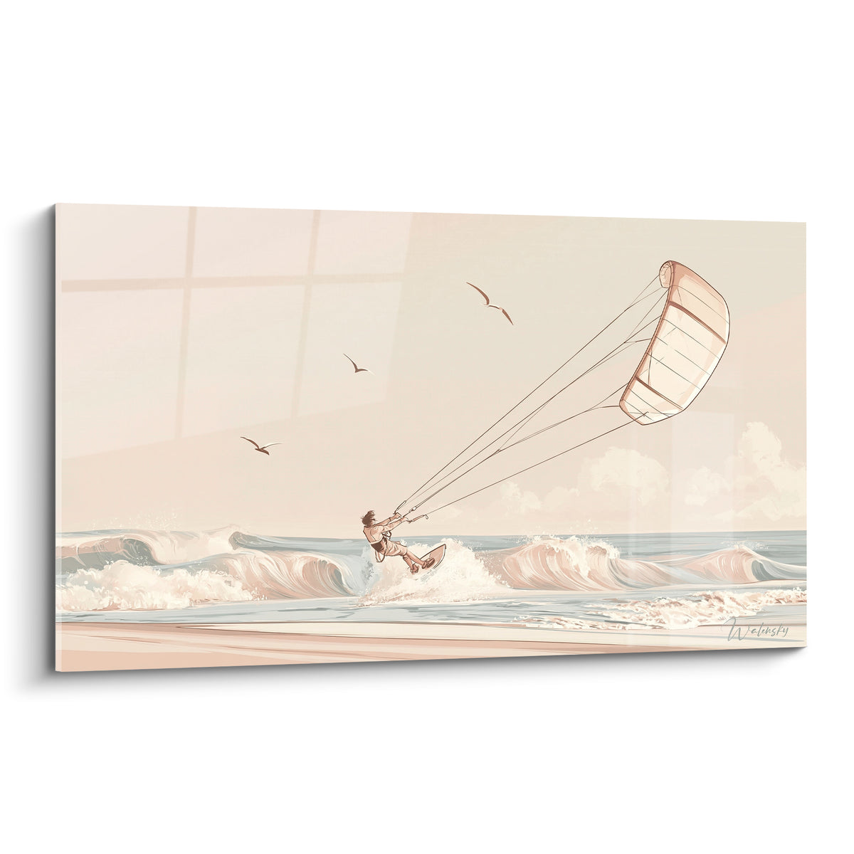 Kitesurfeur glissant sur des vagues turquoise sous une voile rose poudré et un ciel beige clair