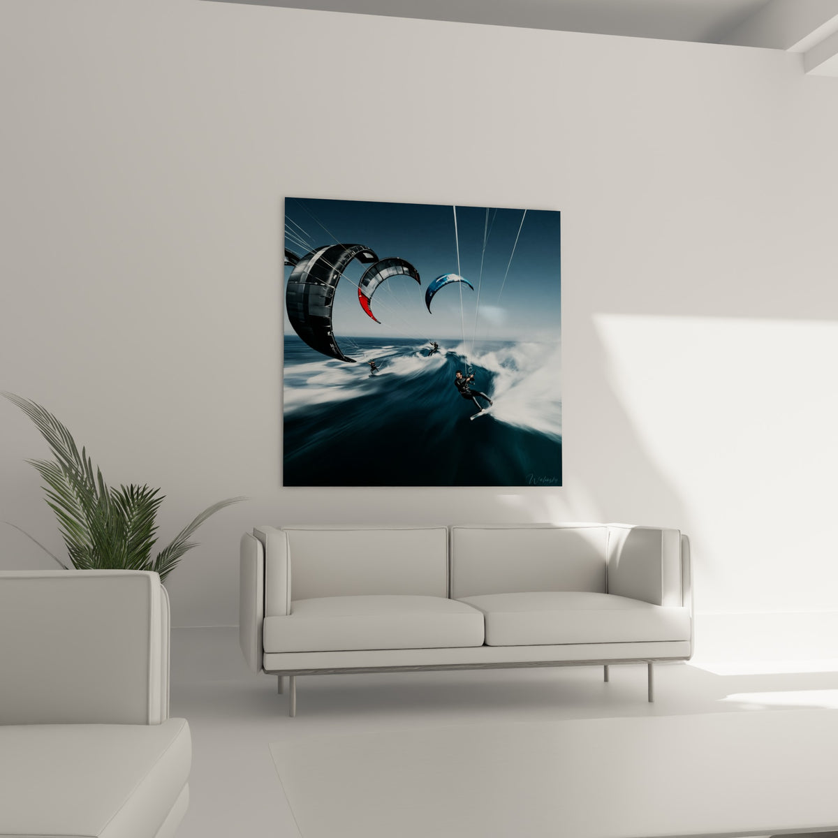 Riders en kitesurf fendant l'écume blanche sous des voiles noires et bleues, au-dessus d'un canapé dans un salon lumineux