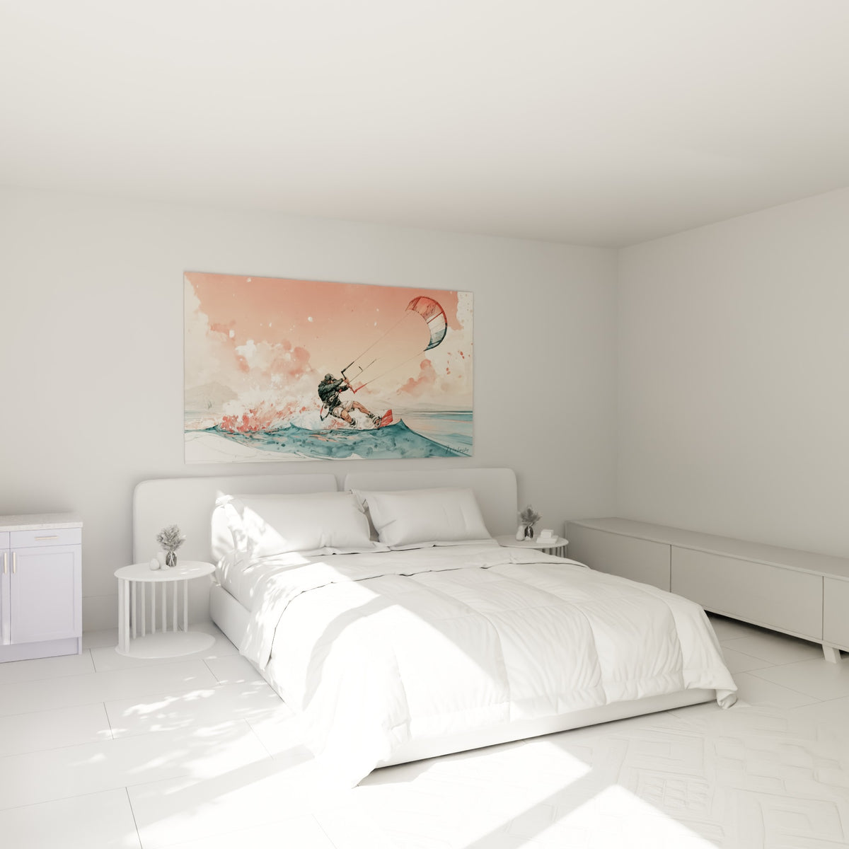 Rider tiré par sa voile entre teintes corail et bleu pétrole, accroché au-dessus d'un lit dans une chambre claire