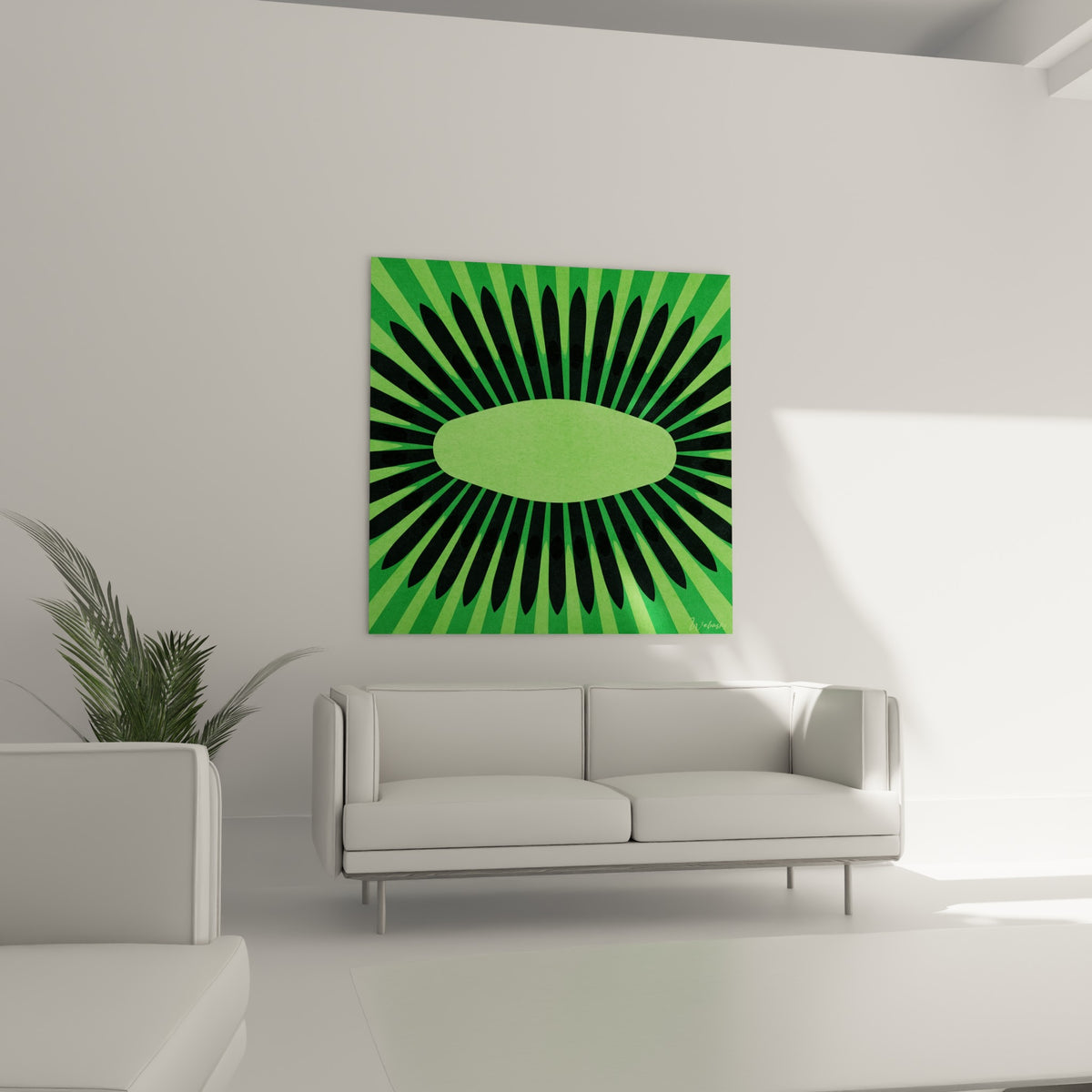 Fruit kiwi graphique aux teintes vert clair et anthracite disposé au-dessus d'un canapé dans un salon lumineux