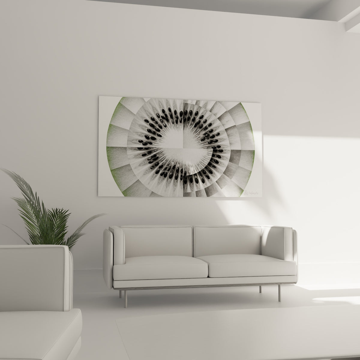 Tranche de kiwi mosaïque anthracite et vert sauge, disposée au-dessus d'un canapé dans un salon lumineux