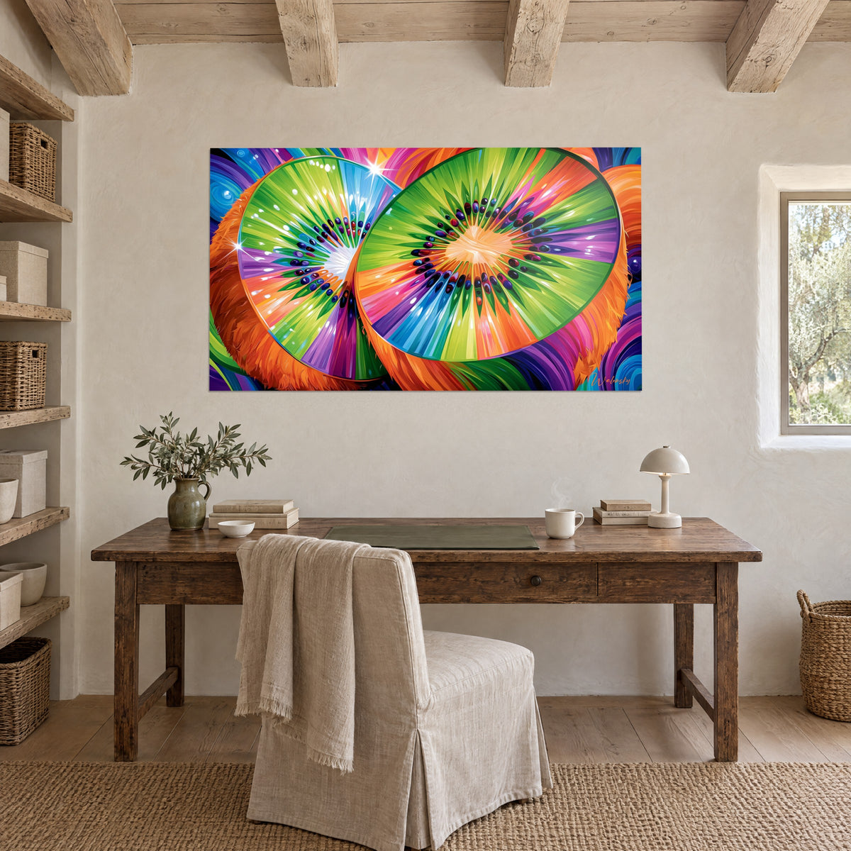 Tableau coupe de kiwi vert électrique et orange vif, pépins sombres en couronne, accroché au-dessus d'un bureau en bois brut