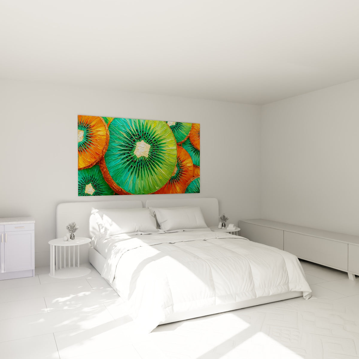 Kiwi vert et orange en tranches juteuses, accroché au-dessus d'un lit dans une chambre claire