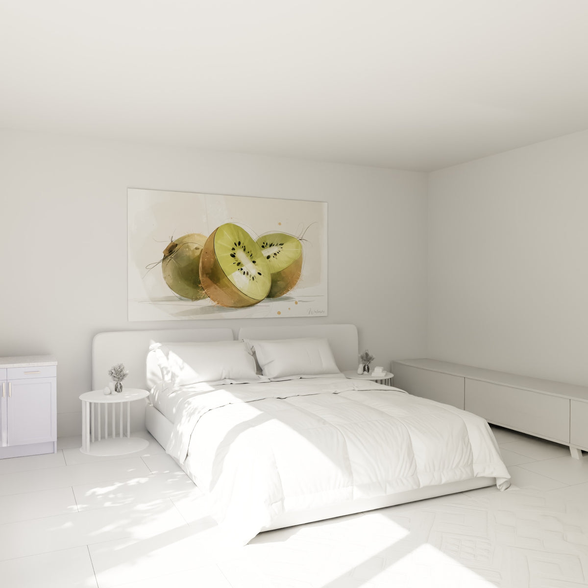 Fruits kiwis verts et bruns peints en aquarelle, accrochés au-dessus d'un lit dans une chambre claire