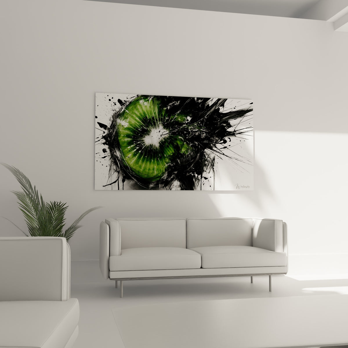 Cœur blanc du kiwi entouré de vert et de traits noirs vifs, tableau accroché au-dessus d'un canapé dans un salon lumineux